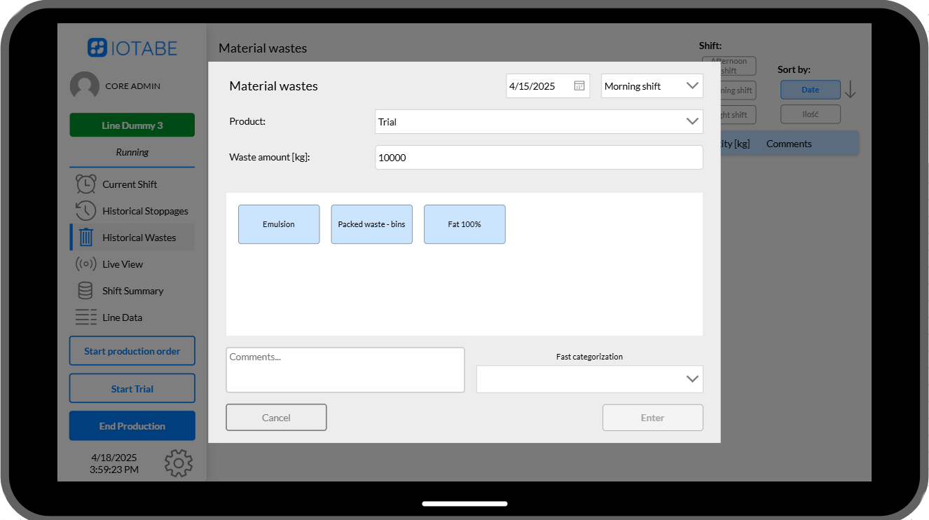 CORE operator interface for recording and categorizing material waste
