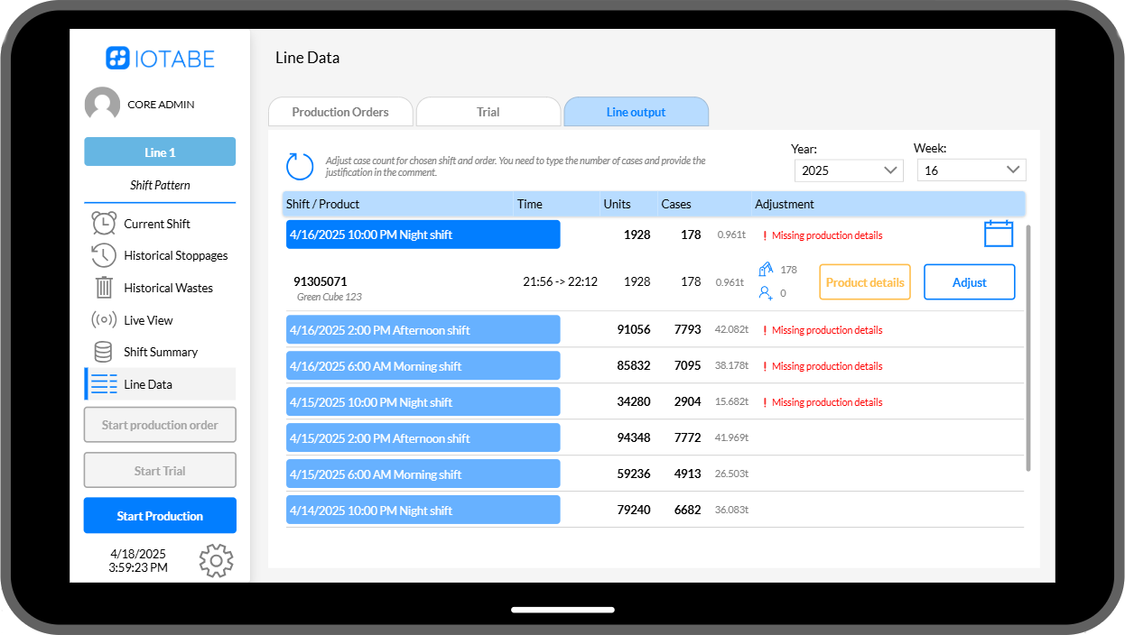 CORE operator interface for tracking production orders and line output