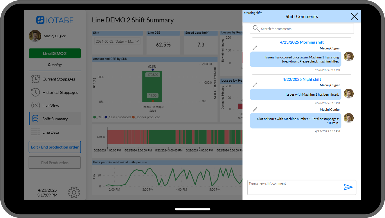 CORE operator interface with shift performance summary and operator comments
