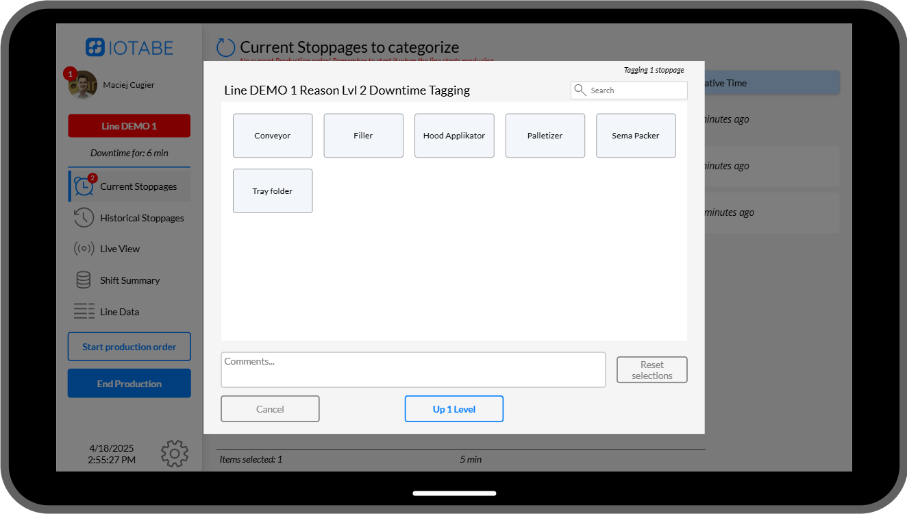 CORE operator interface for categorizing production line stoppages