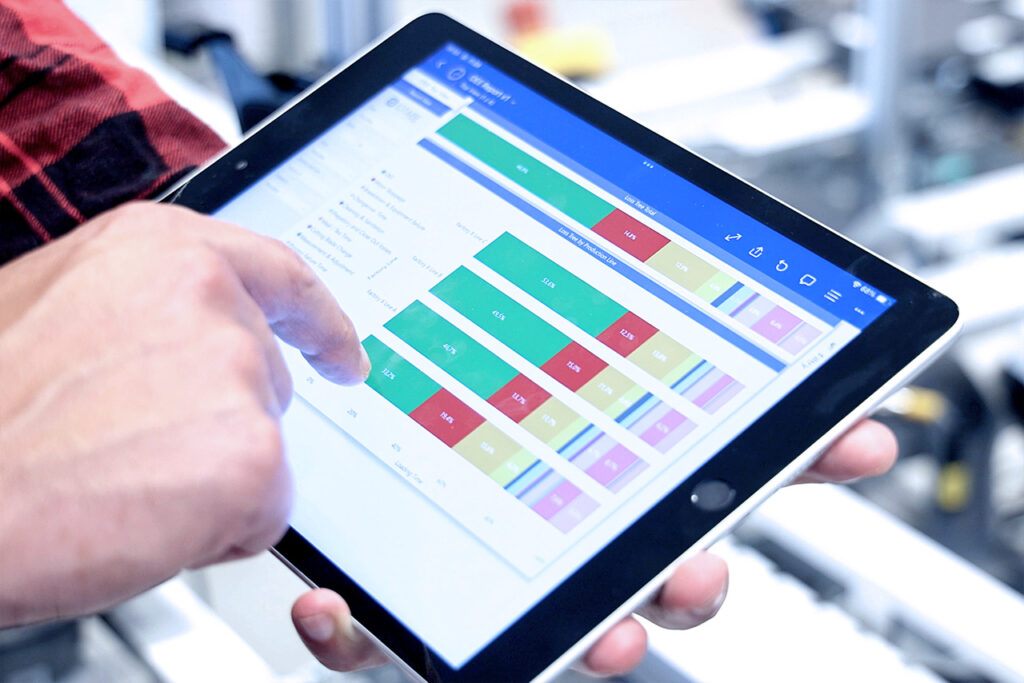 CORE OEE report in Power BI displayed on a tablet on the production floor