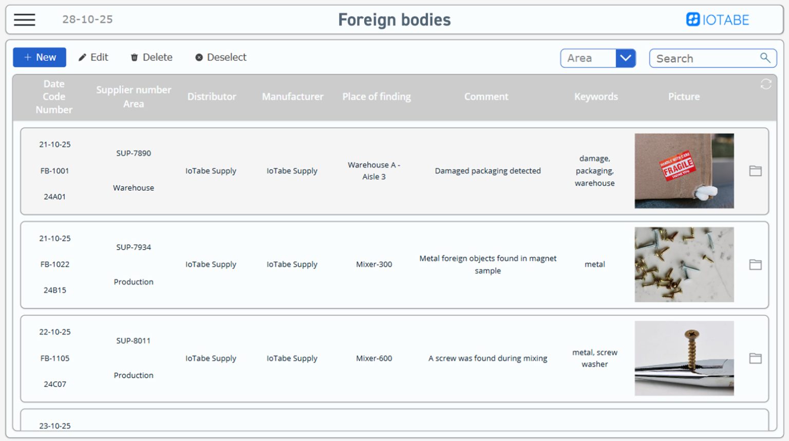 IoTabe Power Apps interface for registering and managing foreign bodies detected in production and warehouse areas